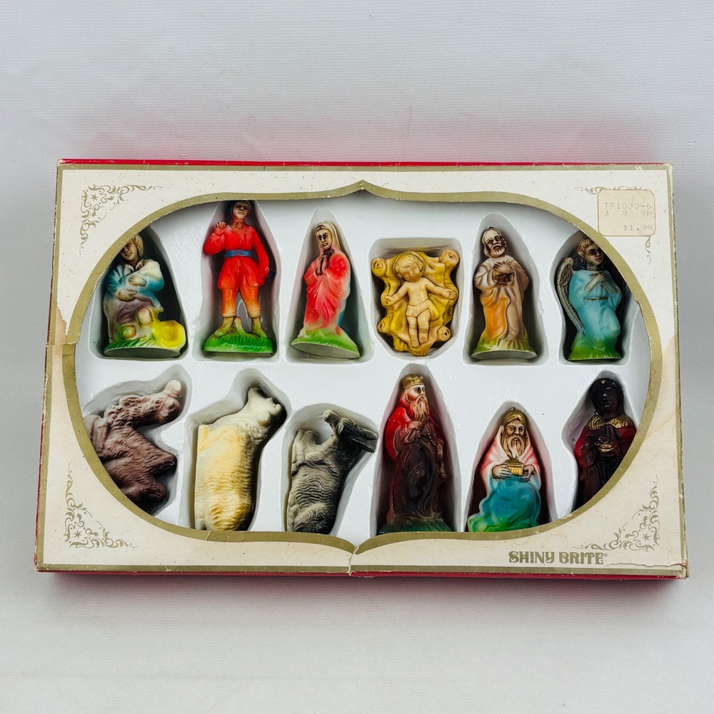 Vintage Shiny Brite Christmas Nativity Set 12 Piece Plastic Figures TF1000-6